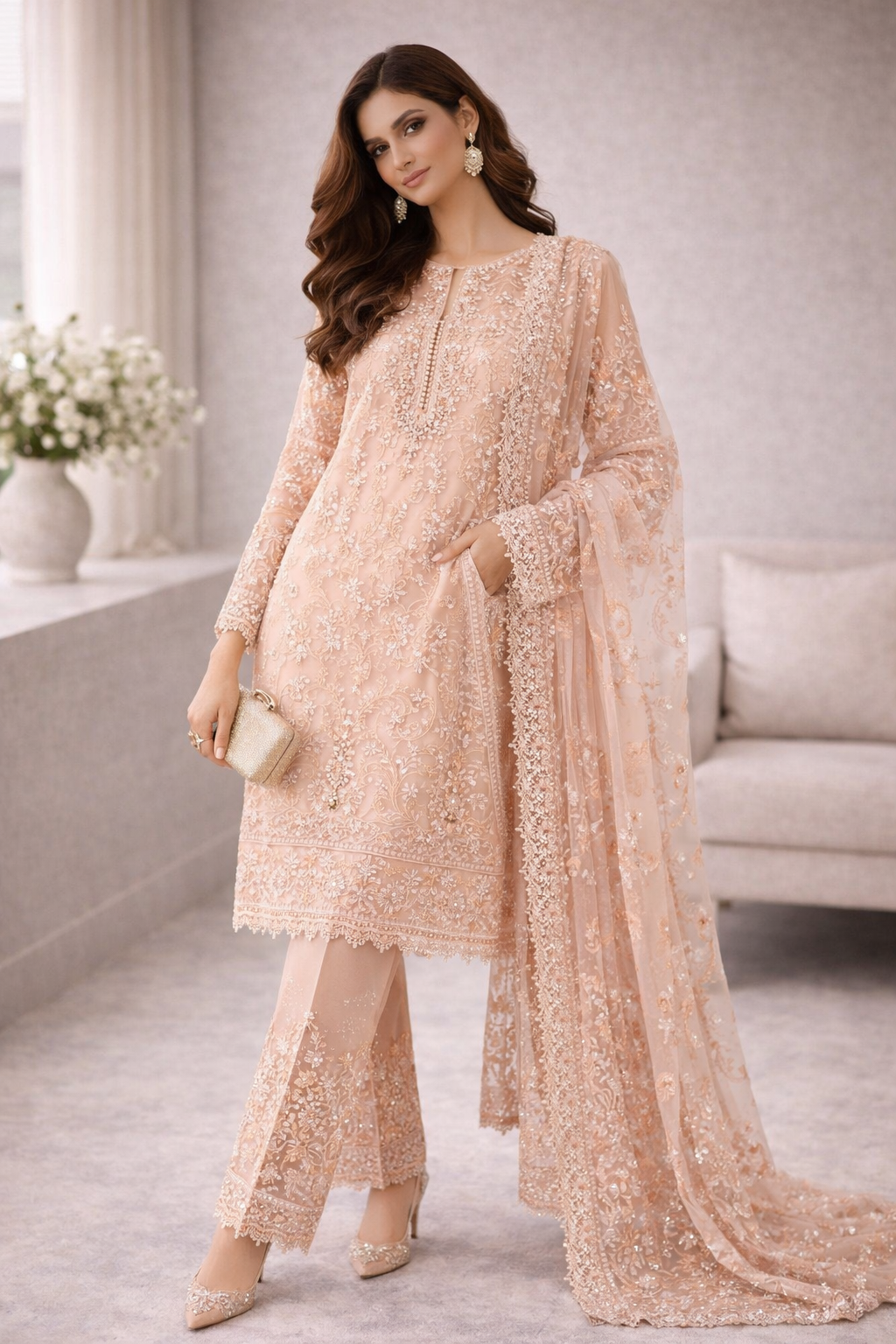 Soft Peach Embroidered Set